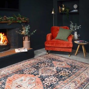 Terracotta Navy Traditional Living Area Rug Bordered Boho Persian Style Washable Non Slip Living Room Carpet
