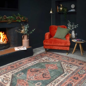 Alfombra tradicional de terracota verde para sala de estar, alfombra lavable de estilo bohemio persa con bordes imagen 1
