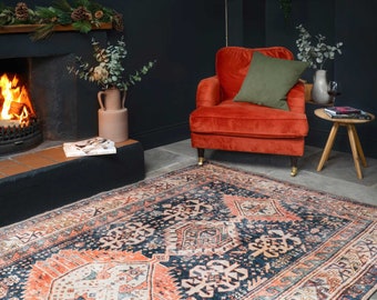 Terracotta Navy Traditional Living Area Rug Bordered Boho Persian Style Washable Non Slip Living Room Carpet