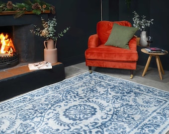 Blue Distressed Damask Living Area Rug Non Slip Washable Oriental Bordered Living Room Carpet Long Hallway Runner