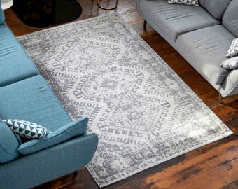 Tapis oriental traditionnel gris effet vieilli, cuisine, tapis de salle à manger, doux tapis géométriques pour chambre à coucher
