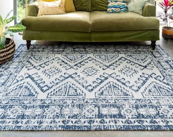 Blue Distressed Geometric Bordered Rug Woven Sustainable Recycled Cotton Mat Living Room Bedroom Hallway Runner Rugs