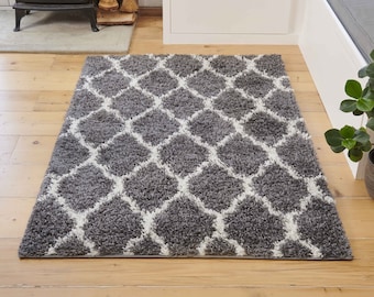 Tapis gris foncé à poils longs, super doux, motif en treillis marocain, chambre et salon, tapis de couloir scandinave