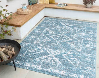 Tapis d'extérieur texturé bleu sarcelle à motif plat