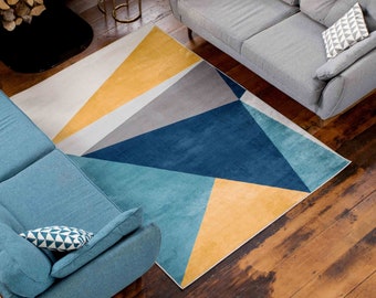 Tapis géométrique bleu marine, jaune gris multicolore, salon, cuisine, coin repas, tapis doux pour chambre à coucher