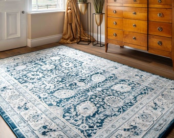 Blauer Traditioneller Orientalischer Teppich Groß Wohnzimmer Teppich Marine Silber Umrandet Floral Mat Schlafzimmer Flur Teppich Läufer