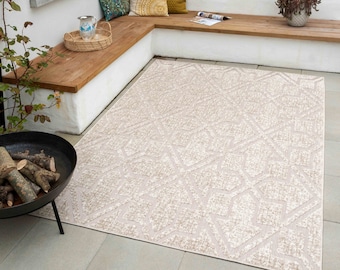 Tapis d'extérieur texturé beige naturel à tissage plat, treillis classique, résistant aux intempéries, tapis de jardin, long chemin de couloir