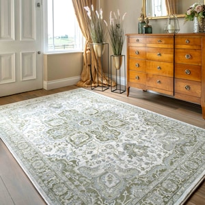 Tapis oriental de salon vert crème, grand tapis floral traditionnel de chambre à coucher, bordé de médaillons, long couloir d'entrée image 1