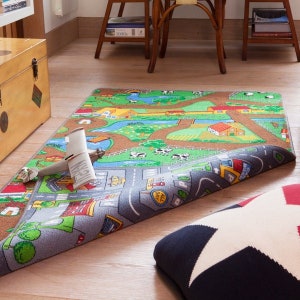 Kids Double Sided Farm Town Roads Car Play Mat Fun Interactive Play Time Mat Girls Boys Bedroom Nursery Playmat