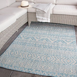 Aqua Blue Grey Aztec Outdoor Rug Flatweave Indoor Outdoor Washable Rugs Garden Patio Area Utility Mat 画像 1