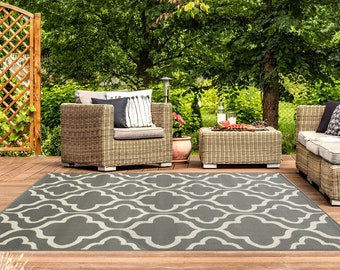 Grey Geometric Outdoor Rug Trellis Flatweave Indoor Outdoor Washable Rugs Garden Patio Area Utility Mat