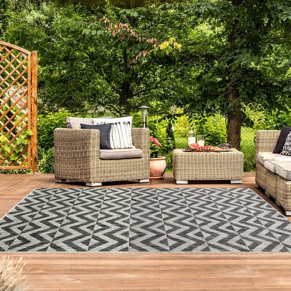 Tapis d'extérieur géométrique en zigzag gris à tissage plat, tapis d'intérieur et d'extérieur lavables, tapis utilitaire pour terrasse de jardin