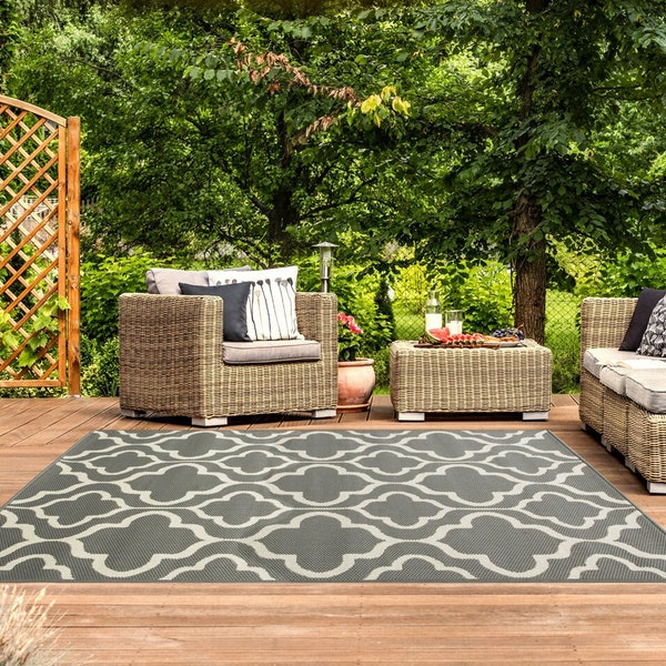 Grey Geometric Outdoor Rug Trellis Flatweave Indoor Outdoor Washable Rugs Garden Patio Area Utility Mat