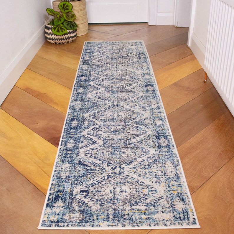 Tapis oriental traditionnel bleu marine ocre, tapis de salle à manger en effet vieilli pour salon, cuisine, tapis géométriques doux pour chambre à coucher image 5