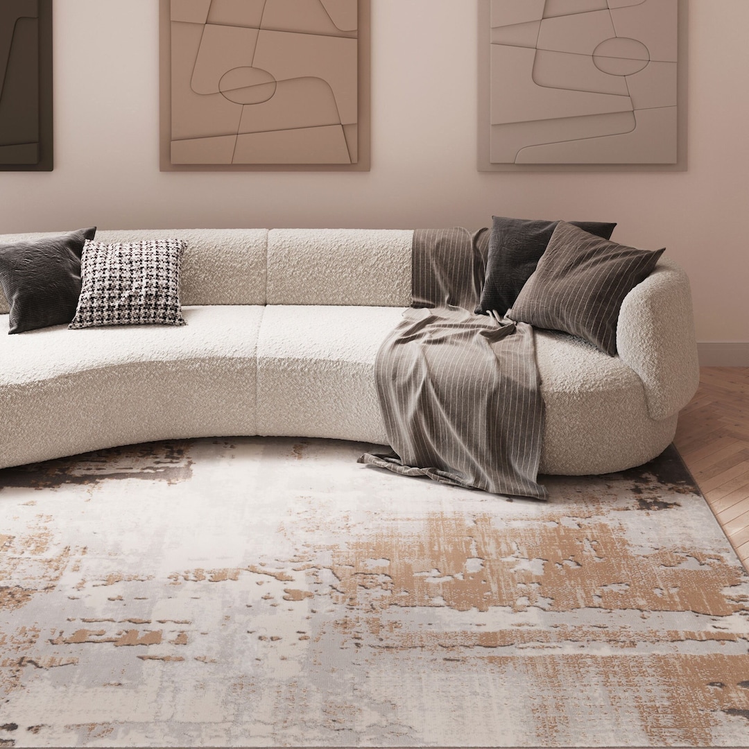 Beige Gold Distressed Abstract Living Area Rug Neutral Greige Metallic ...