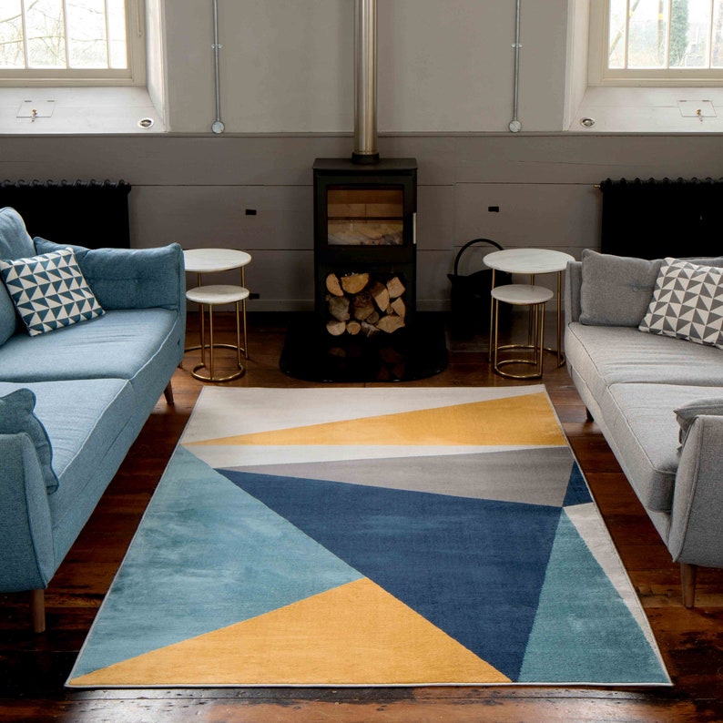 Tapis géométrique bleu marine, jaune gris multicolore, salon, cuisine, coin repas, tapis doux pour chambre à coucher image 2