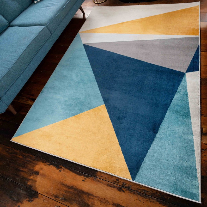 Tapis géométrique bleu marine, jaune gris multicolore, salon, cuisine, coin repas, tapis doux pour chambre à coucher image 3