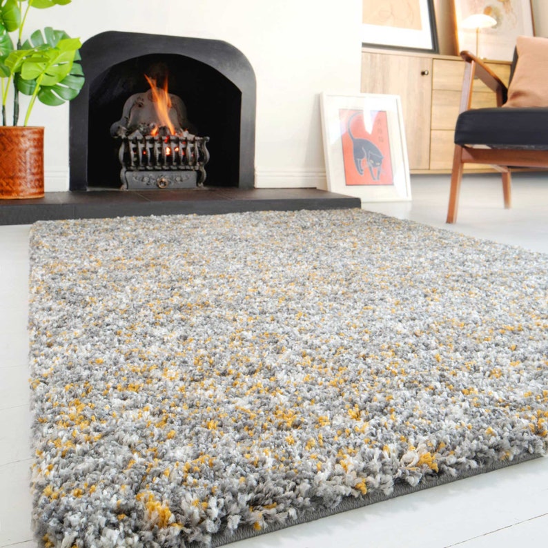 Tapis à poils longs chiné chiné gris jaune ocre, poils duveteux denses et très épais pour chambre ou salon, tapis de sol image 2