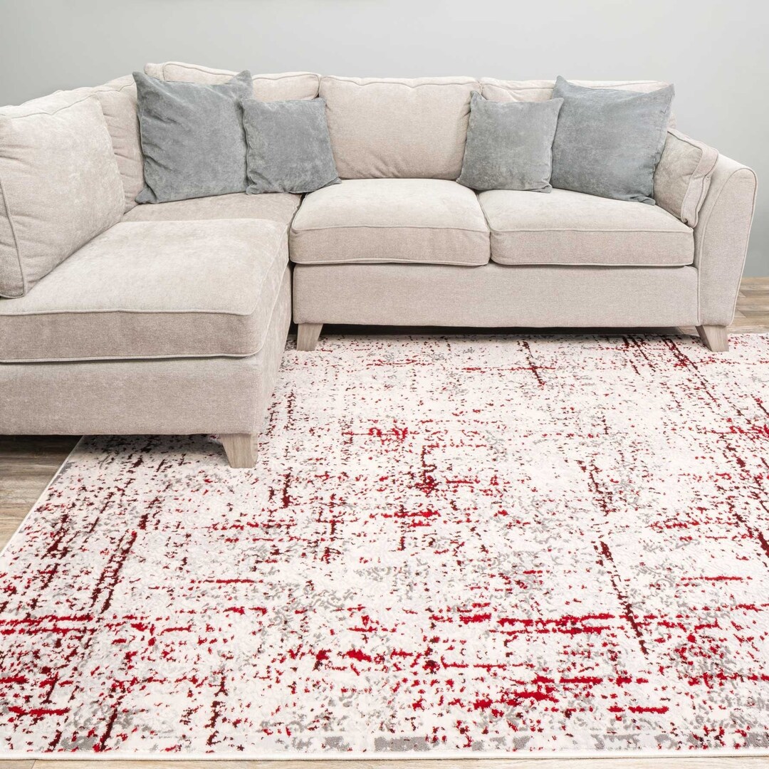 Red Distressed Tweed Area Rug Grey Abstract Living Room Bedroom
