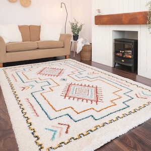 Super Soft Cream Shaggy Rug Bordered Multicolour Aztec Moroccan Berber Living Room Mat Large Cosy Bedroom Area Rugs