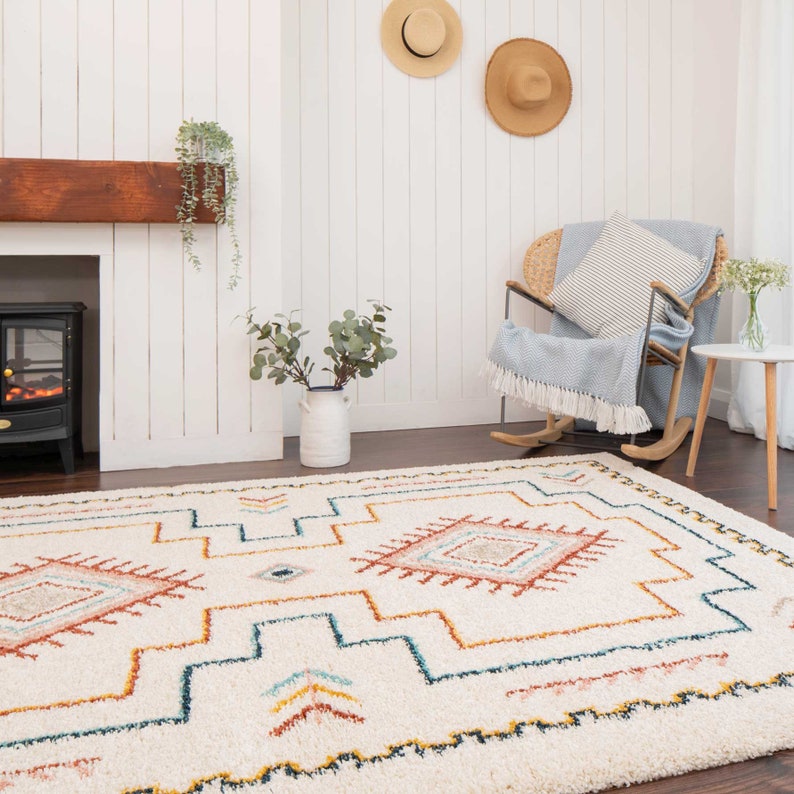 Alfombra peluda color crema supersuave con bordes multicolores, alfombra bereber marroquí azteca para sala de estar, alfombras grandes y acogedoras para dormitorio imagen 2