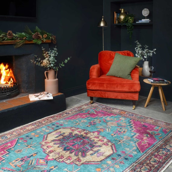 Teal Pink Multicolour Distressed Boho Living Room Rug Washable Non Slip  Colourful Living Area Carpet 