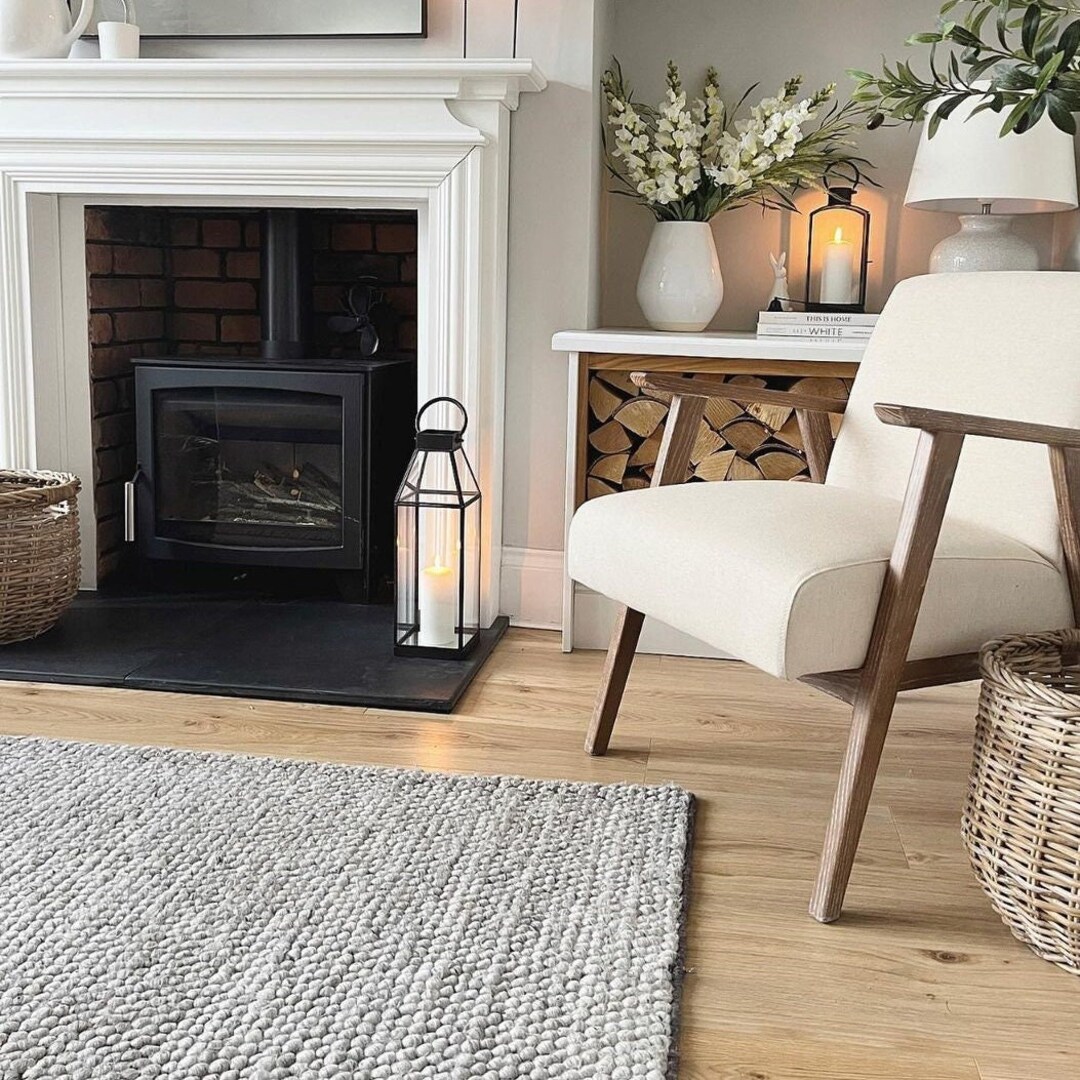 Grey Pebble Textured Wool Living Room Rug Luxury Thick Cosy Bedroom