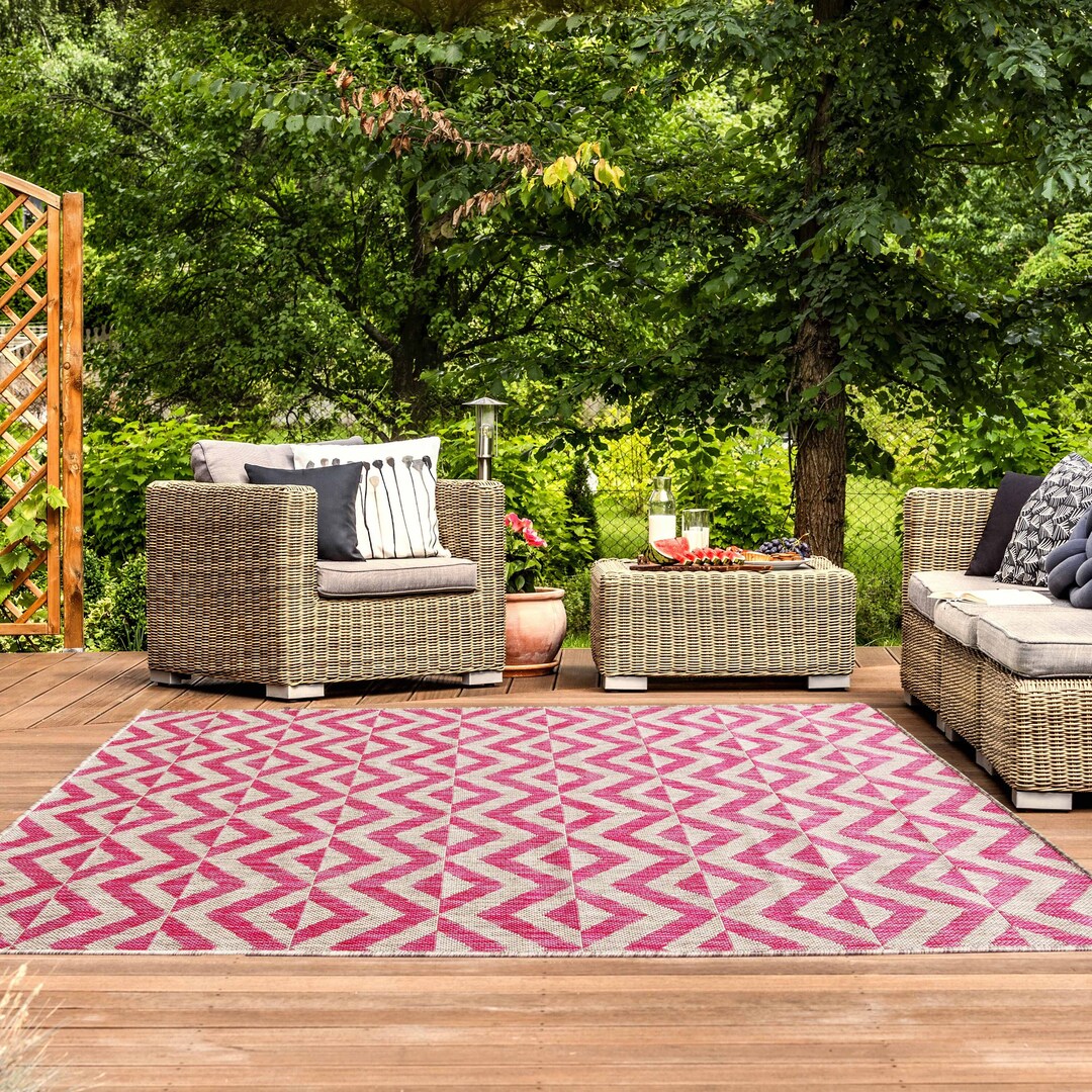 Bold Pink Grey Diamond Geometric Outdoor Rug Flatweave Indoor Etsy