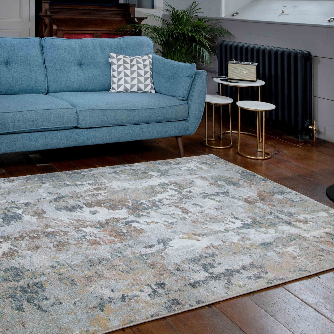 Neutral Grey Blue Distressed Abstract Area Rug Textured Living Room