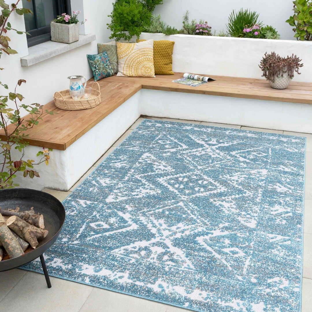 Blue Textured Flatweave Outdoor Rug Teal Blue Geometric Garden Patio