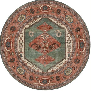 Alfombra tradicional de estilo persa de terracota salvia, antideslizante, lavable a máquina, para dormitorio y sala de estar Circle 180 x 180 cm