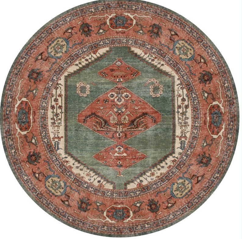 Alfombra tradicional de estilo persa de terracota salvia, antideslizante, lavable a máquina, para dormitorio y sala de estar Circle 180 x 180 cm