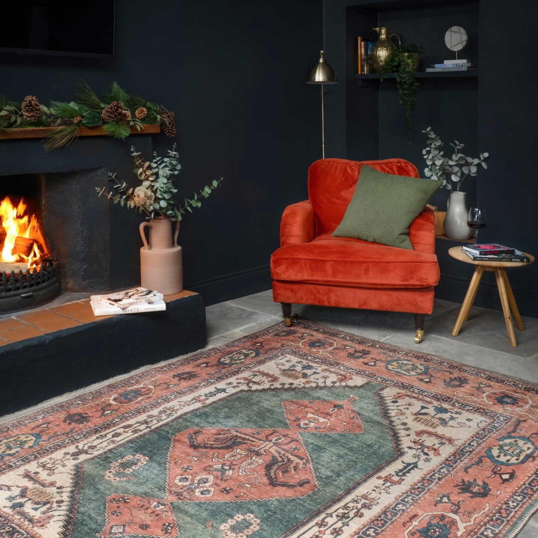 Green Teracotta Traditional Living Room Rug Bordered Boho Persian Style Washable Living Area