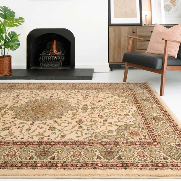 Warmer Beige Traditioneller Medaillon Teppich Rot Floral Eingefasstes Orientalisches Motiv Wohnzimmer Schlafzimmer Matte