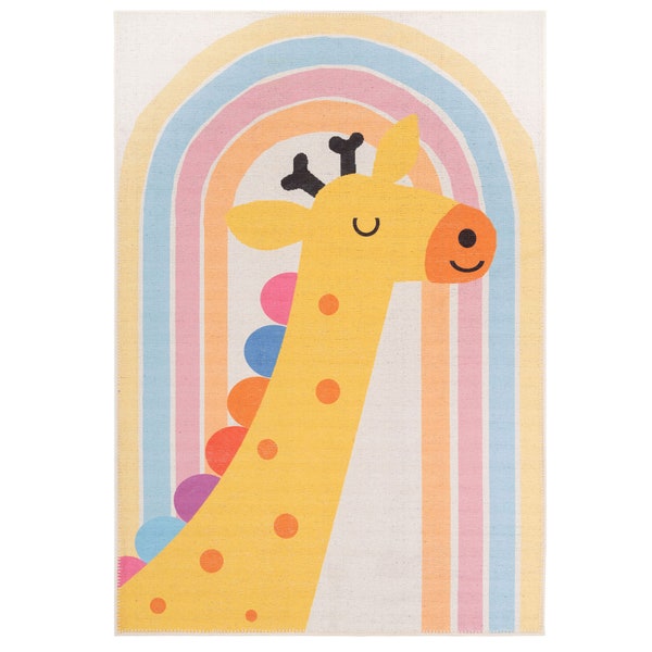 Tapis de chambre à coucher pour enfants multicolore arc-en-ciel, tapis de jeu doux avec motif girafe amusant, dos en caoutchouc antidérapant, lavable en machine, tapis de salle de jeux pour enfants