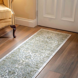 Tapis oriental de salon vert crème, grand tapis floral traditionnel de chambre à coucher, bordé de médaillons, long couloir d'entrée image 8