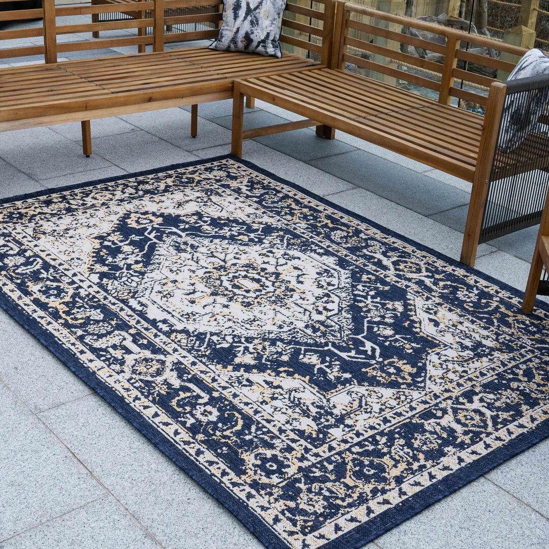 Navy Blue Gold Traditional Medallion Outdoor Rug Easy Clean Durable