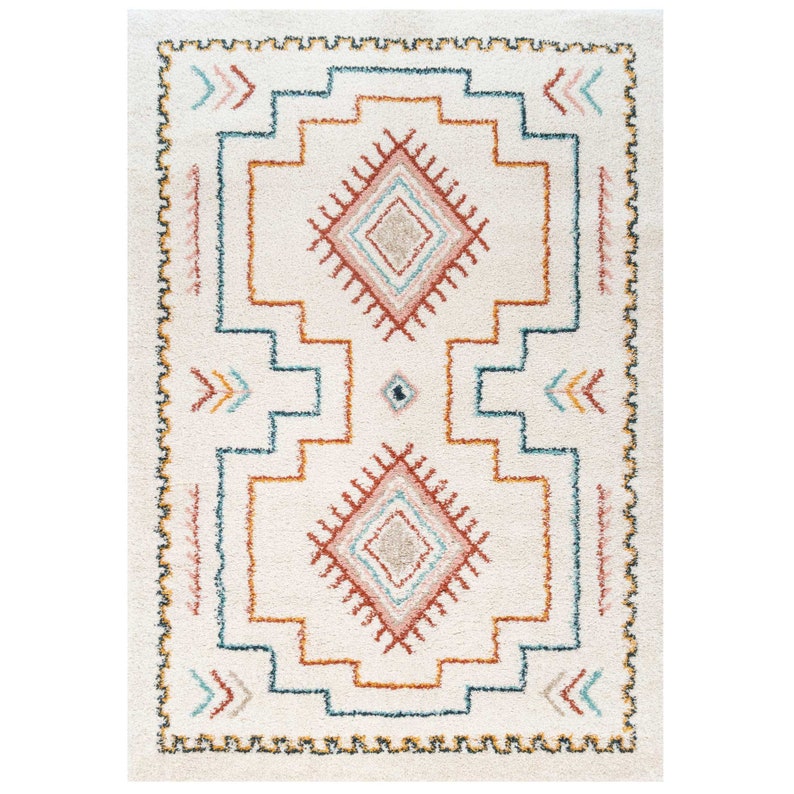 Alfombra peluda color crema supersuave con bordes multicolores, alfombra bereber marroquí azteca para sala de estar, alfombras grandes y acogedoras para dormitorio 80 x 150 cm