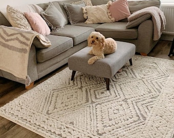 Scandi Diamond Geometric Living Room Rug Grey White Texture Boucle Loop Pile Living Area Mat