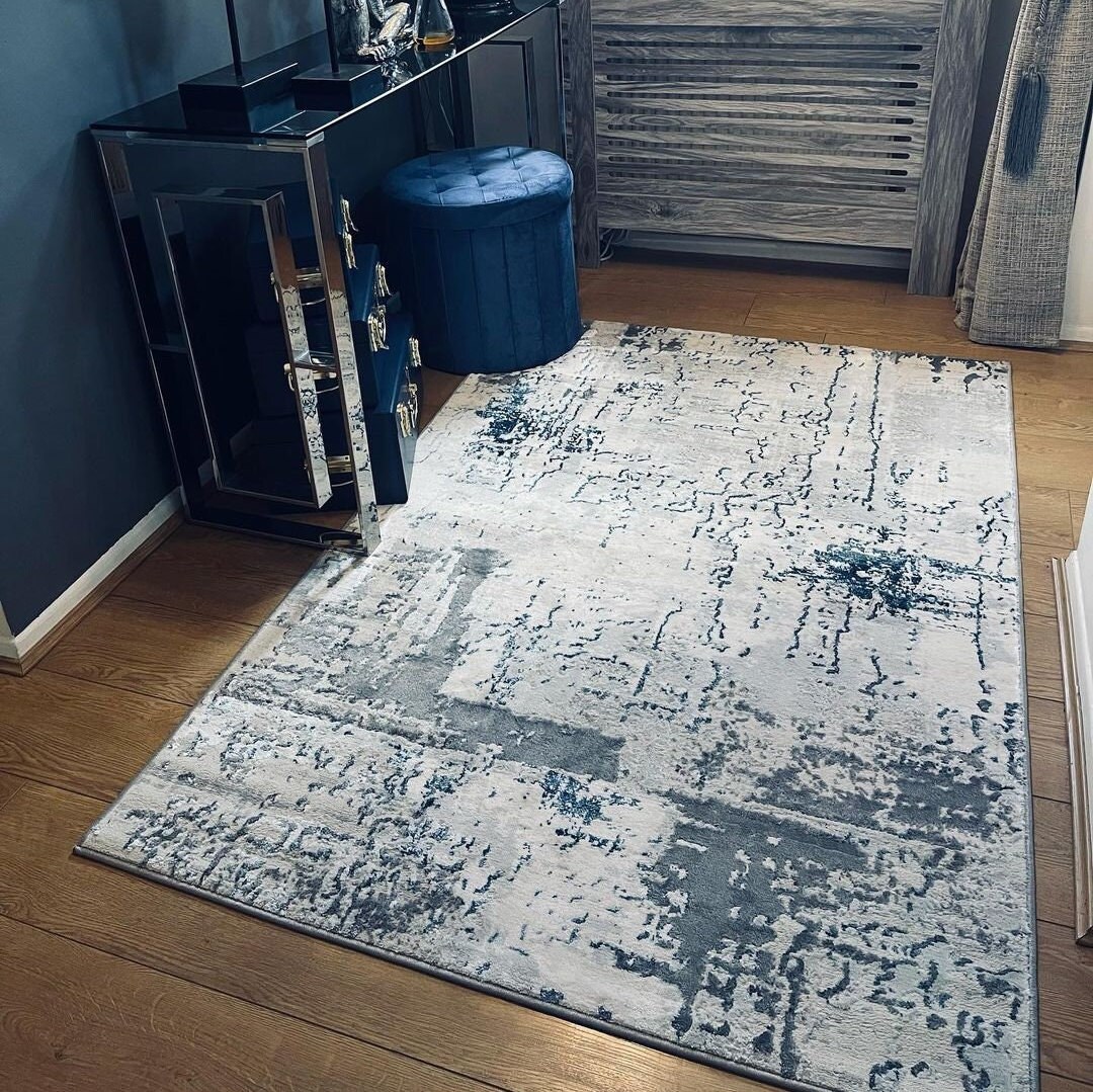 Deep Navy Blue Distressed Abstract Area Rug Silver Living Room Bedroom ...