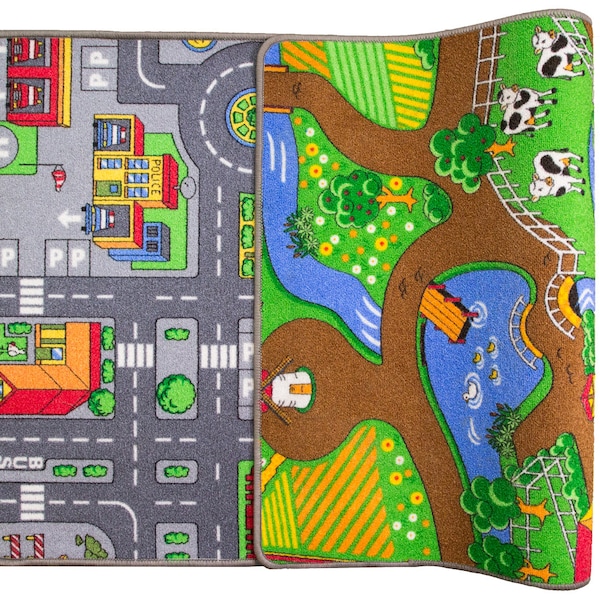 Alfombra de juegos de doble cara para niños, alfombra de granja de caminos, alfombra de dormitorio para niños y niñas / 80x150cm