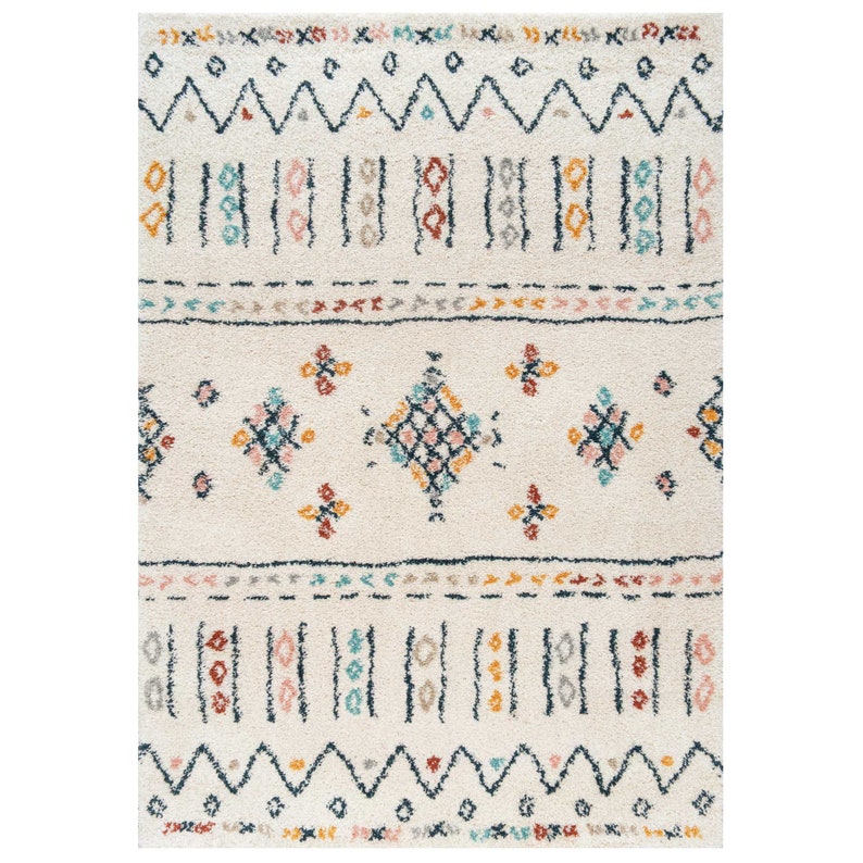 Super Soft Cream Colourful Tribal Berber Shaggy Rug Multicolour Moroccan Aztec Living Room Mat Shaggy Hallway Runner Rugs 80 x 150 cm