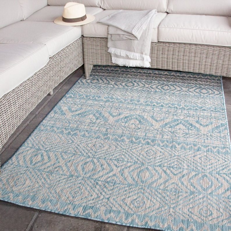 Aqua Blue Grey Aztec Outdoor Rug Flatweave Indoor Outdoor Washable Rugs Garden Patio Area Utility Mat 画像 1