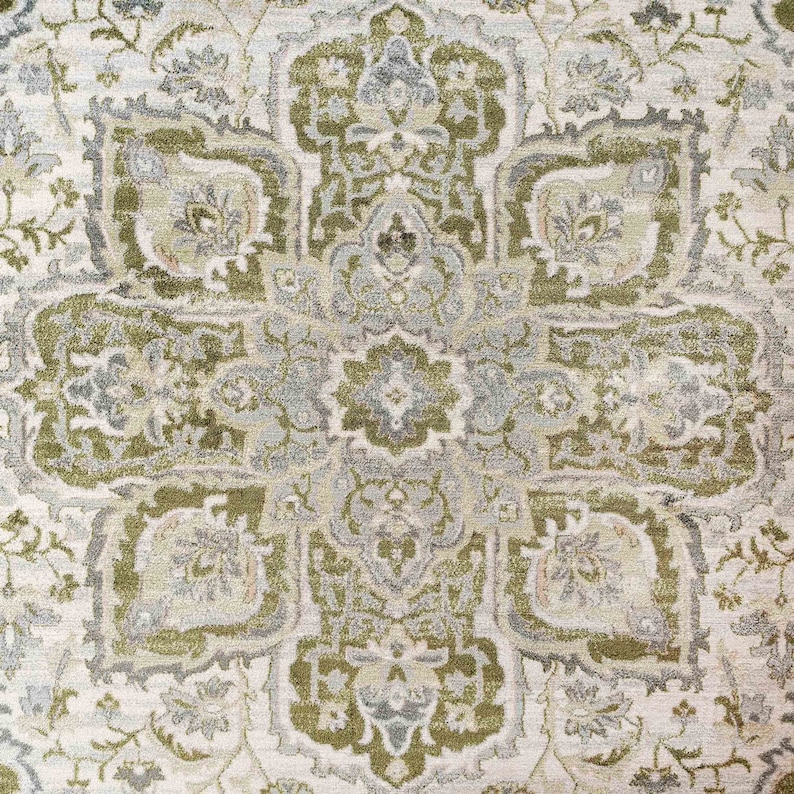 Tapis oriental de salon vert crème, grand tapis floral traditionnel de chambre à coucher, bordé de médaillons, long couloir d'entrée image 5