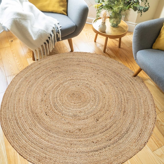 Rug Round 100% Natural Jute Hand Braided Style Reversible Modern Rustic  Look Rug