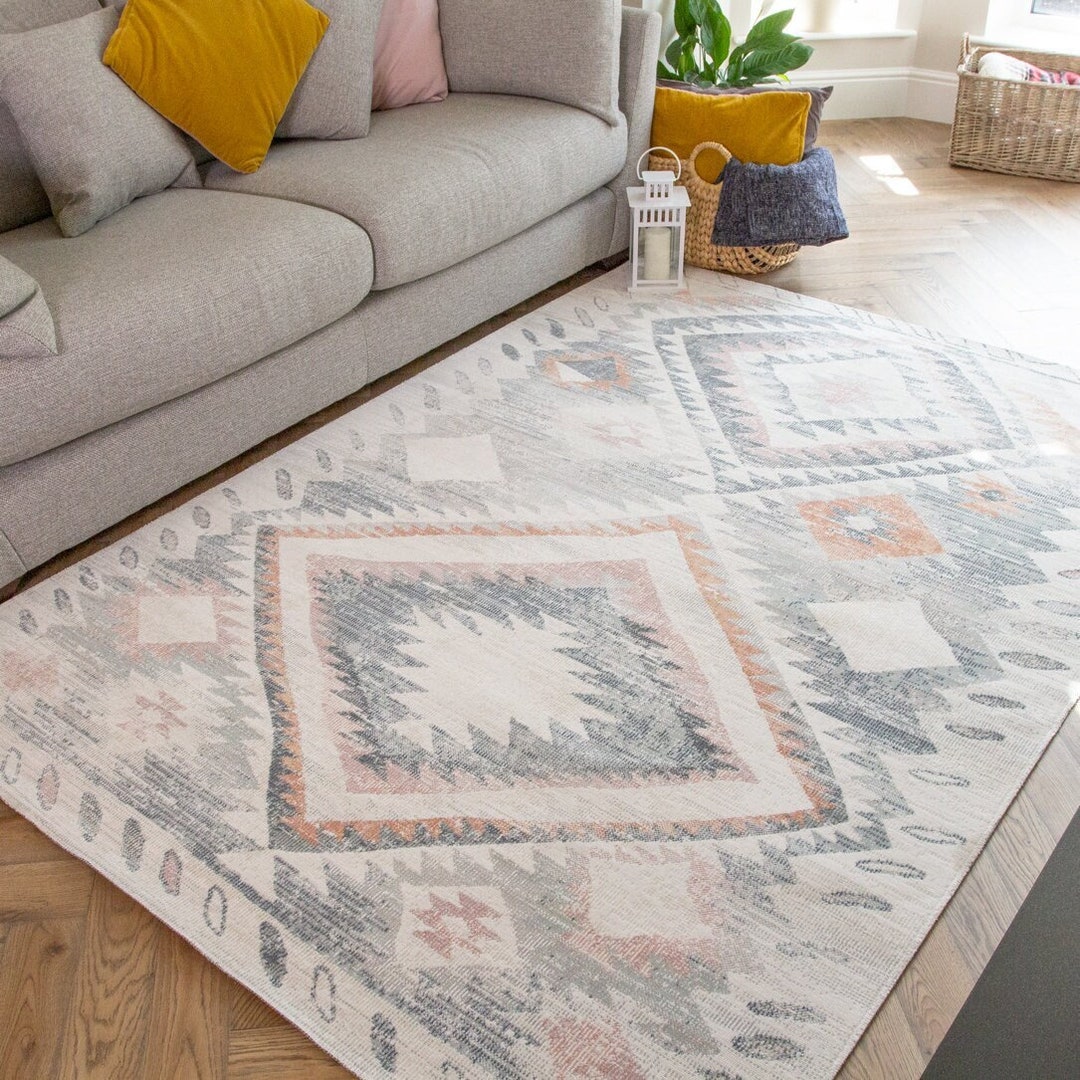 Blue Grey Aztec Geometric Area Rug Distressed Zero Pie Multicolour