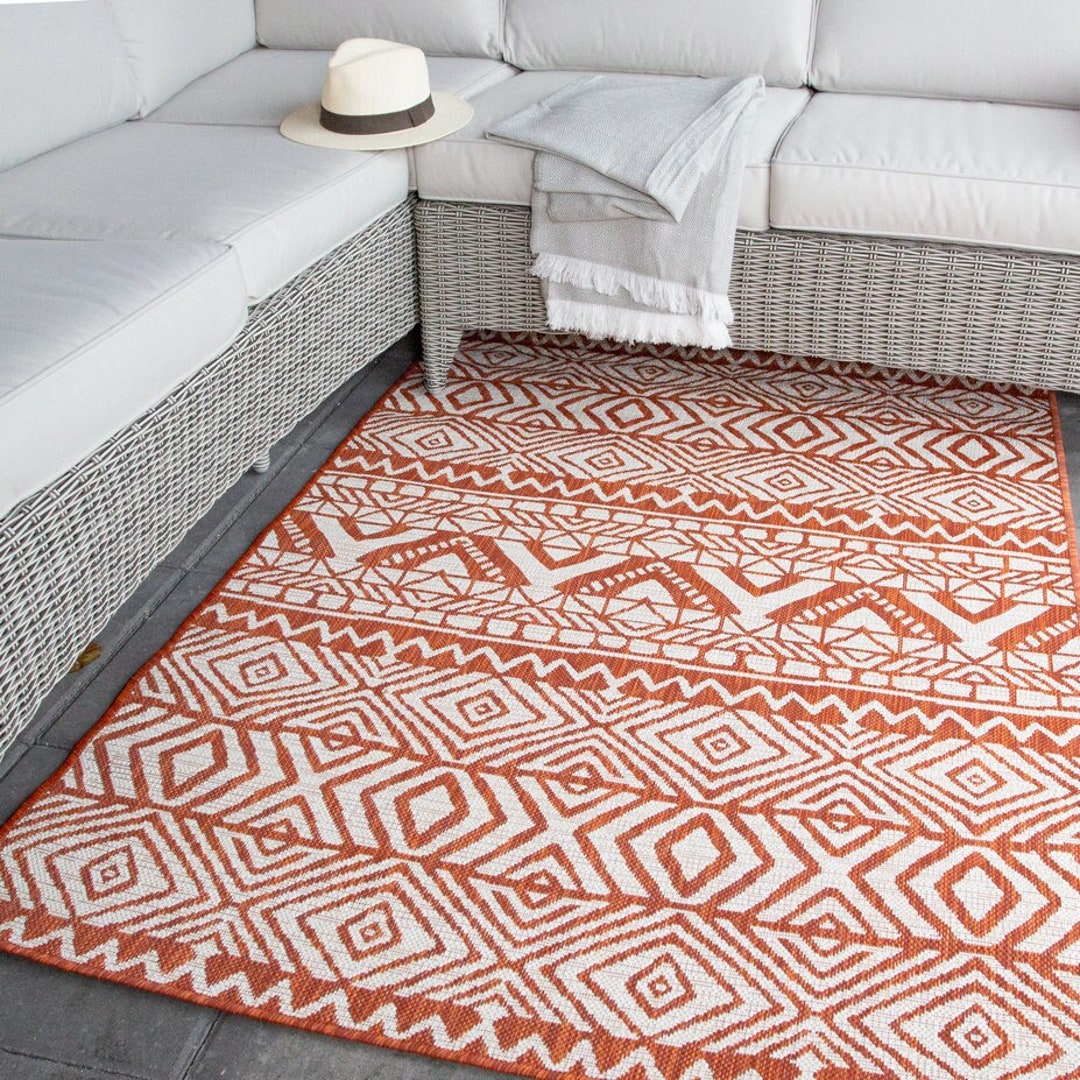 Orange Rust Aztec Outdoor Rug Flatweave Indoor Outdoor Washable Rugs