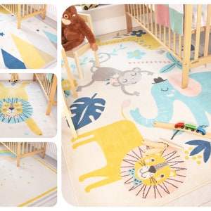 Kids Cream Scandi Bedroom Rug Fun Multicolour Girls Boys Animal Jungle Rainbow Rugs Playroom Nursery Room Soft Mat