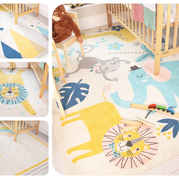 Tapis de chambre scandi crème pour enfants amusant multicolore filles garçons jungle animaux tapis arc-en-ciel salle de jeux chambre d'enfant tapis doux