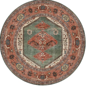 Alfombra tradicional de terracota verde para sala de estar, alfombra lavable de estilo bohemio persa con bordes Circle 180 x 180 cm